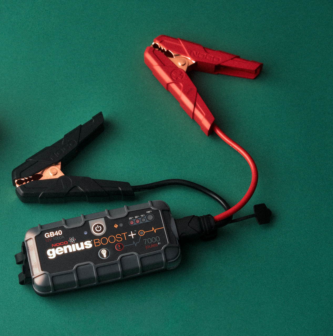 NOCO Boost GB40 portable jump starter with red and black battery clamps