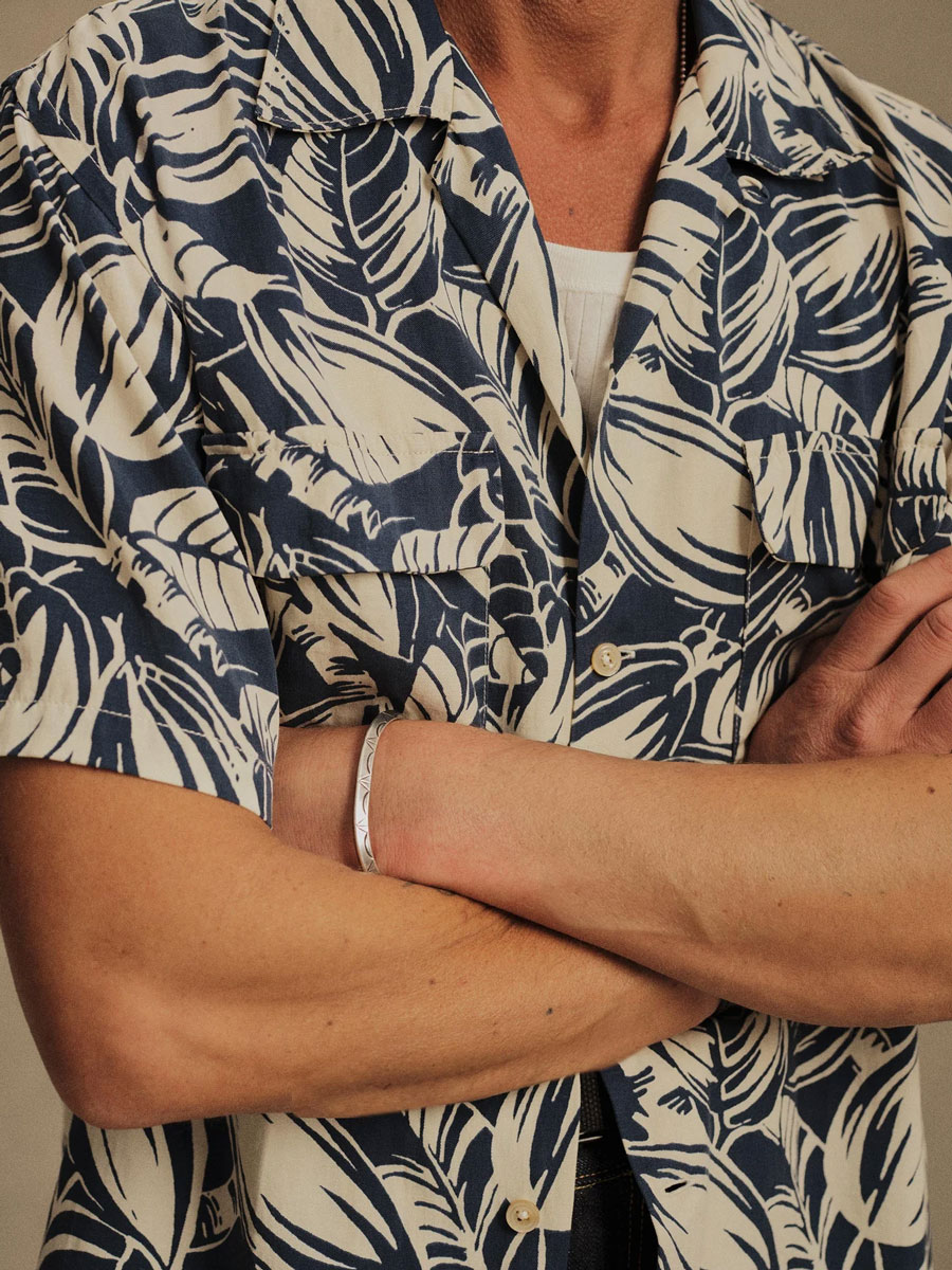 patterned blue and white short sleeve summer shirt from Buck Mason