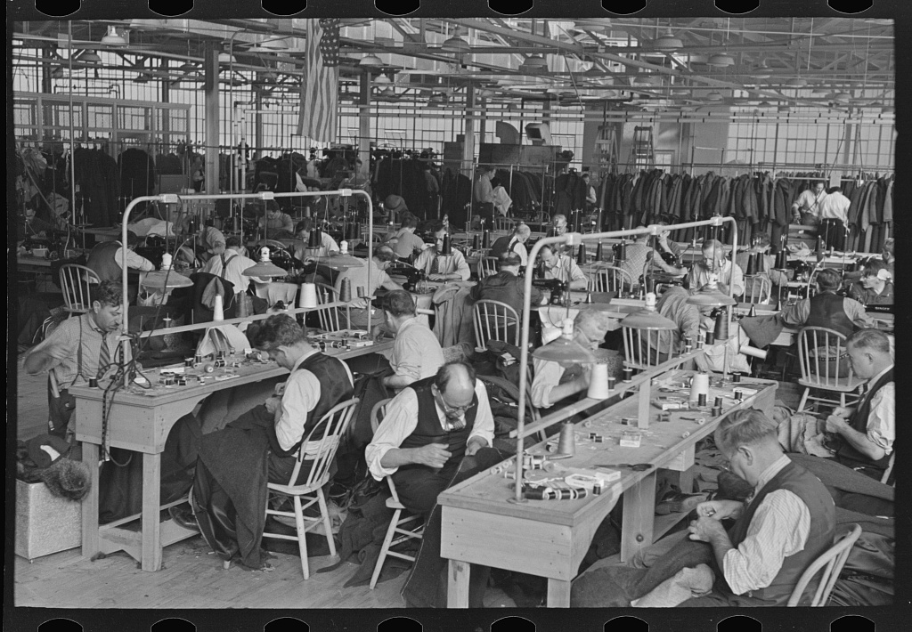 Workers at rows of sewing benches in the cooperative garment factory at Jersey Homesteads, Hightstown, New Jersey, 1936