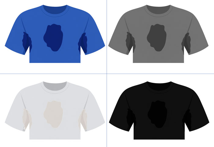 Identical sweat marks shown on four t-shirt colors: clearly visible on blue and heather gray, barely visible on white and black