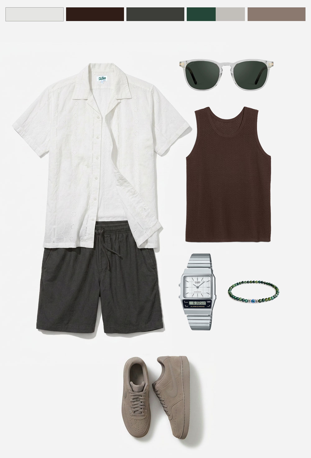 white eyelet camp collar shirt, brown mesh knit tank, charcoal drawstring linen shorts, taupe suede Nike sneakers, clear-frame green lens sunglasses, silver Casio ana-digi watch, and a green beaded bracelet.