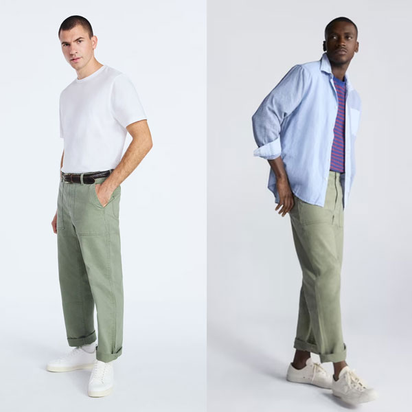 walmart product photos of two men wearing the green loose fatigue inspired pants with white sneakers