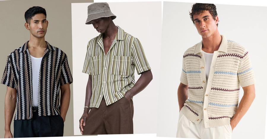 3 examples of men's summer short sleeve loose knit shirts with stripes