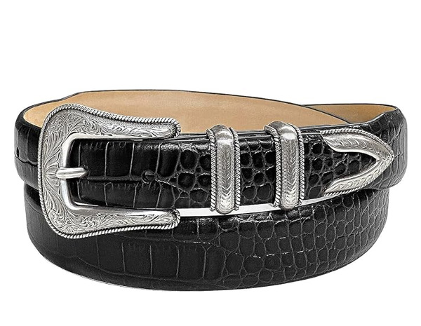 Black croc-embossed leather western belt with an engraved silver buckle set