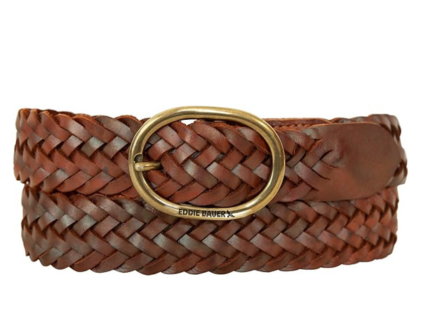 Brown braided leather belt with an oval brass buckle
