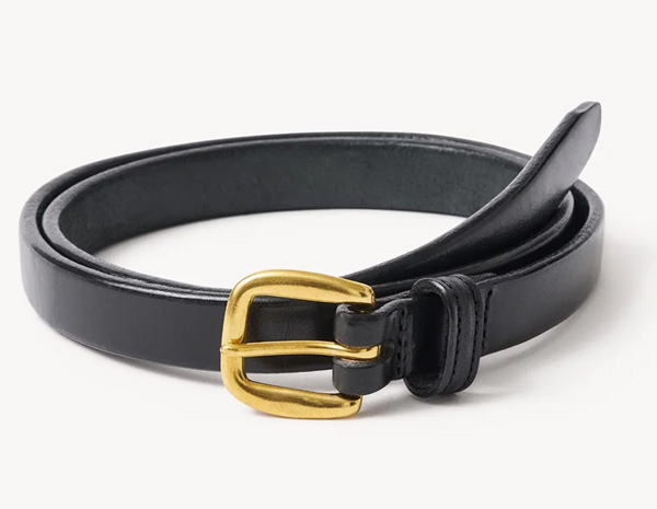 Slim black leather dress belt with a small brass buckle
